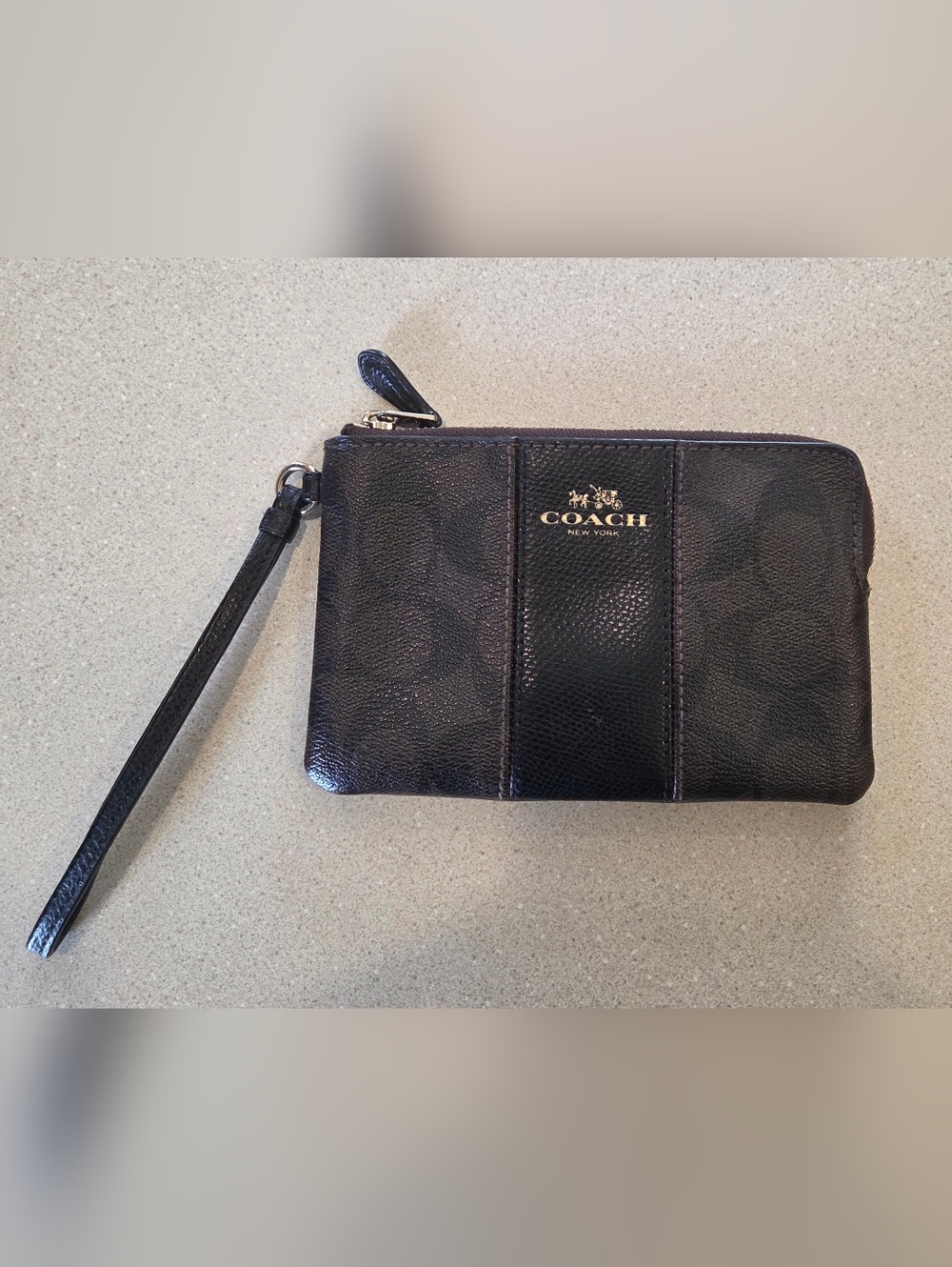 Coach Black Signature Zip Wristlet with Gold Logo